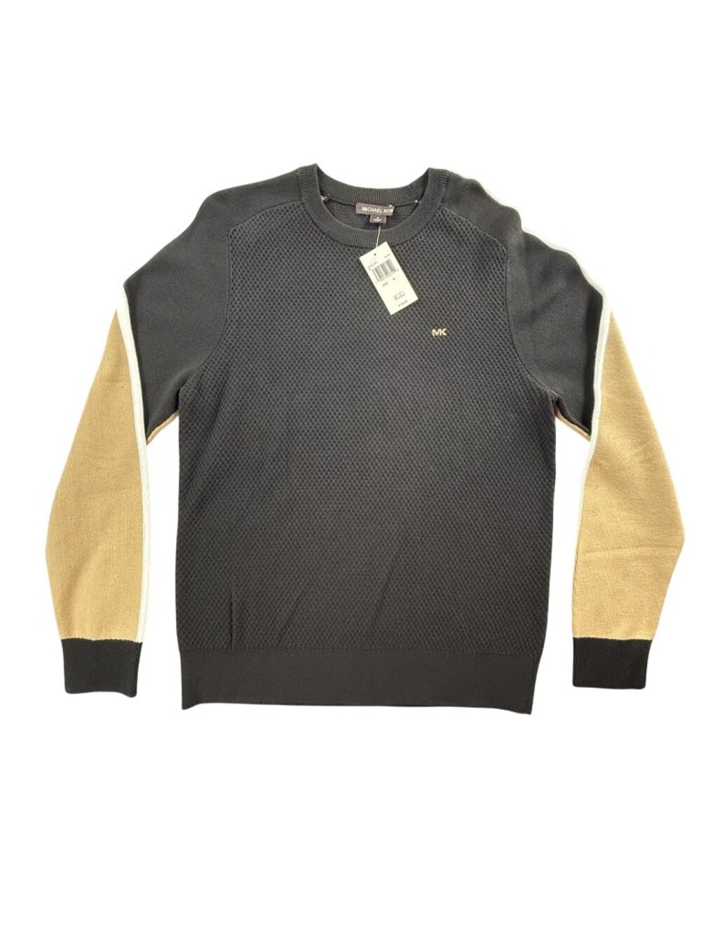 Michael Kors Sweater Mens Medium Black Waffle Crewneck Colorblock Pullover New